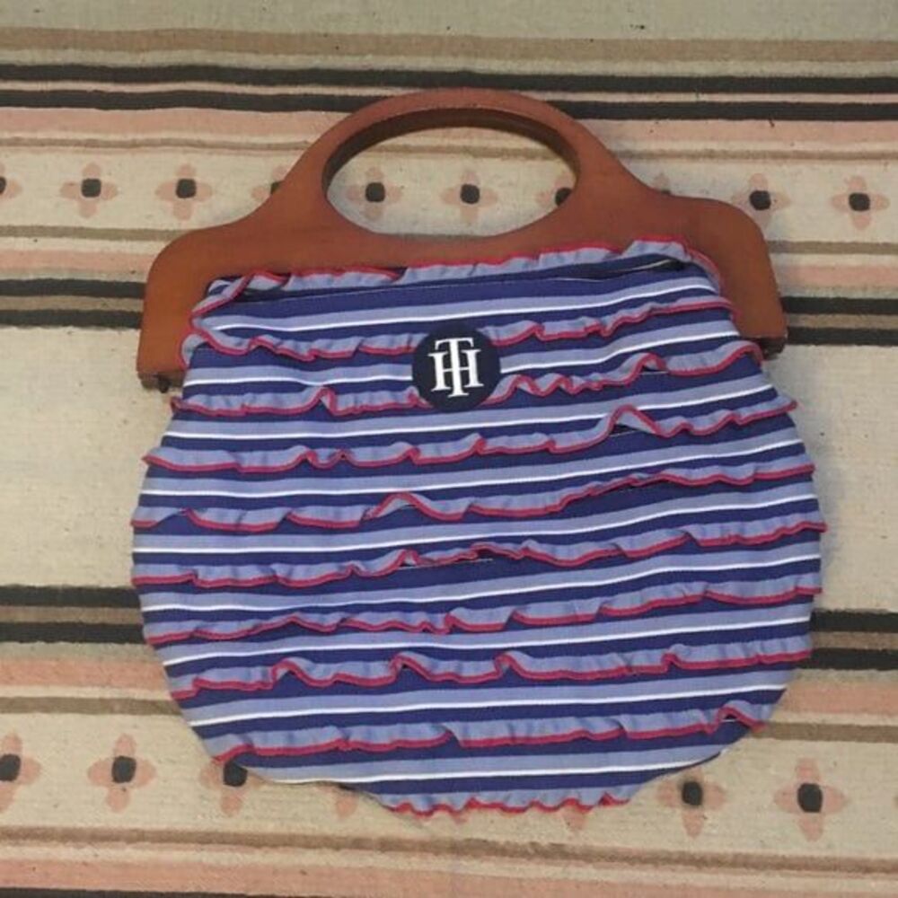 Tommy Hilfiger small hand held purse red white & blue ruffles wooden handle